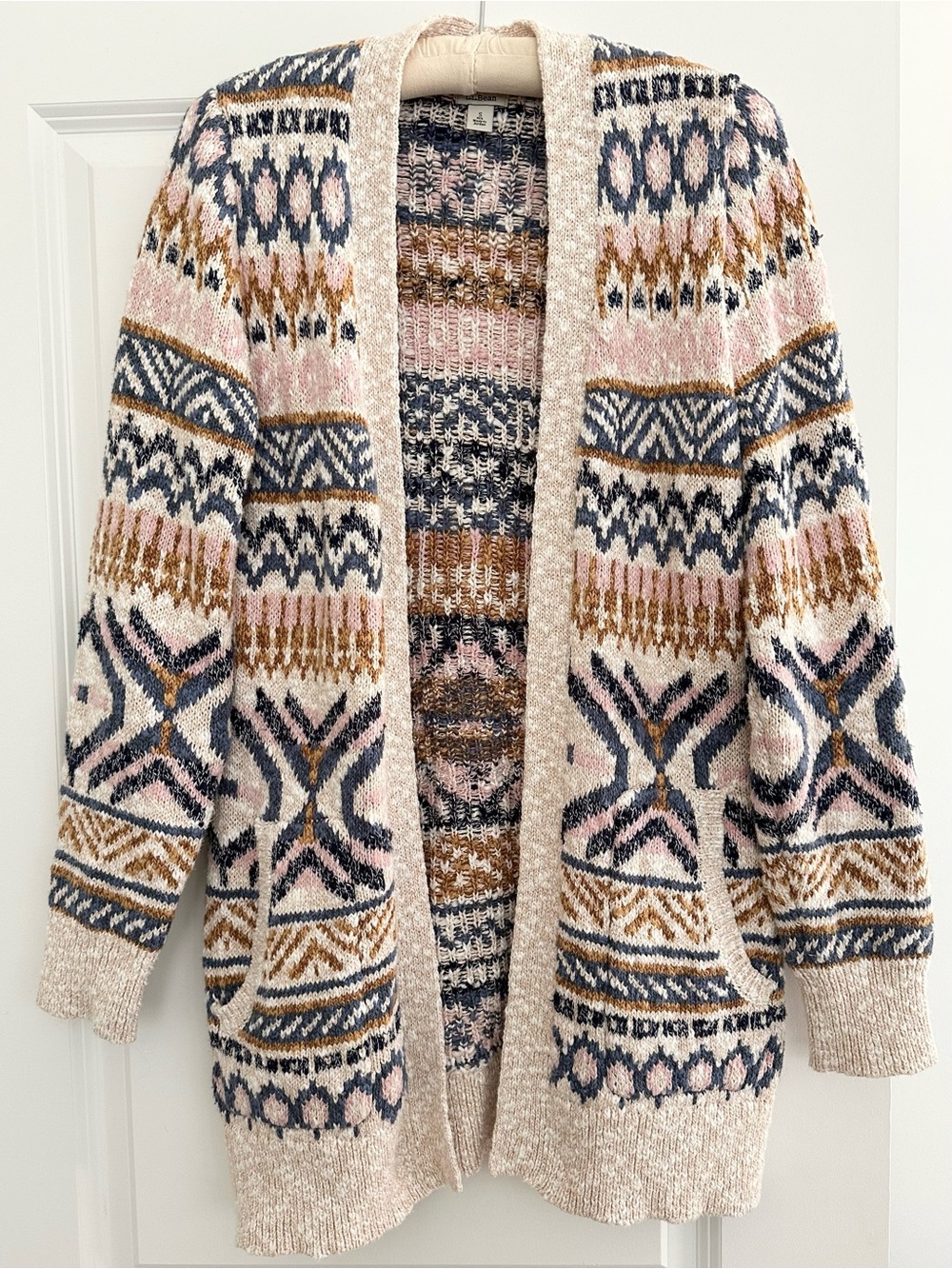L.L.Bean Open Front Fair Isle Cardigan Cotton Ragg Sweater Cream, Blue & Pink
